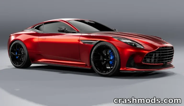 Sleek red Aston Martin DB12 showcased in BeamNG.drive, featuring custom wheels and a polished design.