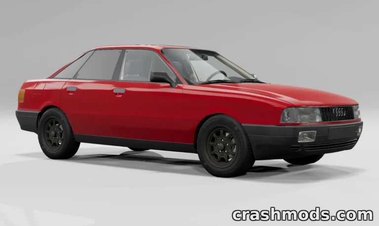 Red Audi 80 B3/B4 mod for BeamNG.drive showcasing detailed exterior and sporty black wheels.