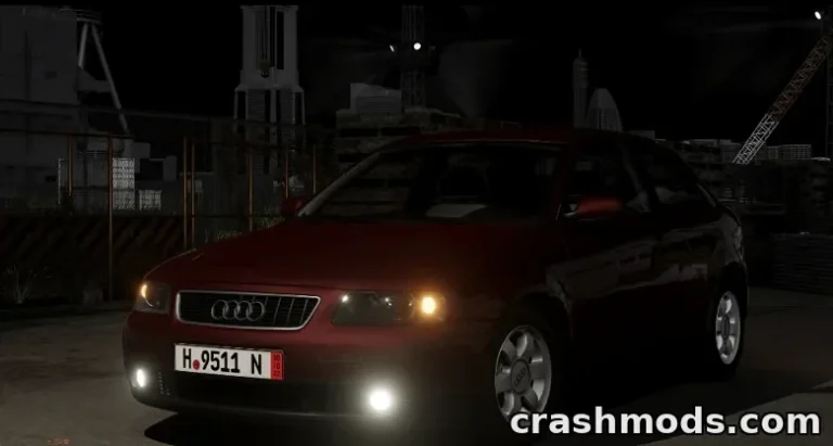Audi A3 8L mod showcased in BeamNG.drive, parked under dim lights in an industrial setting.
