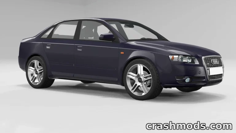 Audi A4 B7 mod for BeamNG.drive showcases a sleek, detailed sedan with sporty alloy wheels and a polished finish.