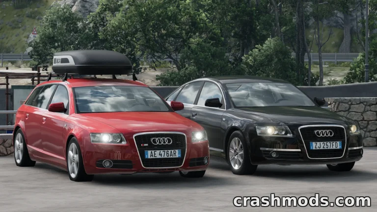 Two Audi A6 (C6) models, one red with a roof box and one black, showcased in a scenic environment in BeamNG.drive.