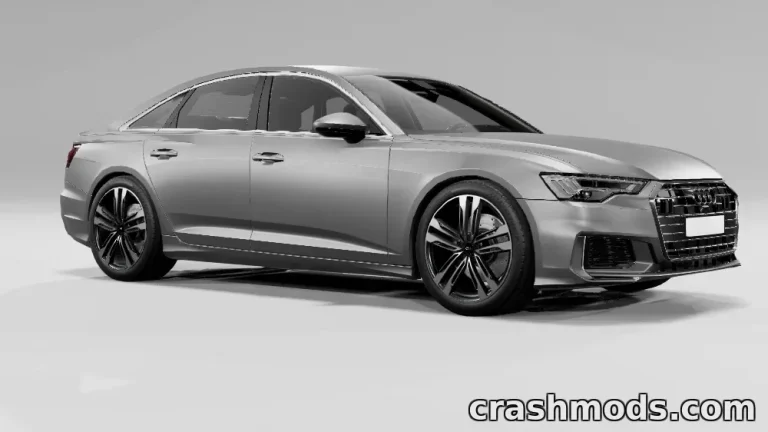 Audi A6 C8 2018 mod for BeamNG.drive showcases a sleek, detailed car model in a dynamic pose.