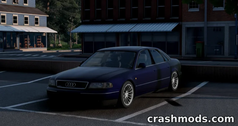 The Audi A8 D2 1.0 mod is showcased parked in a detailed urban environment in BeamNG.drive.