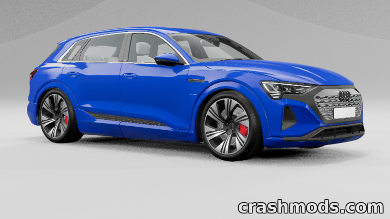 Blue Audi Q8 E-Tron mod showcased in BeamNG.drive, highlighting sleek design and detailed features.