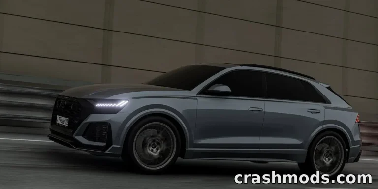 The Audi Q8 RS accelerates on a sleek highway, showcasing its dynamic design and performance in BeamNG.drive.