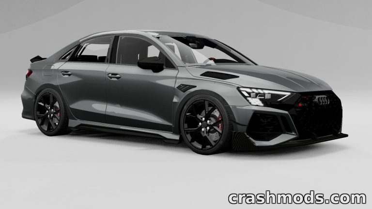 Audi RS3 Y8 2022 Remaster showcased in BeamNG.drive, featuring sleek design and detailed modifications.