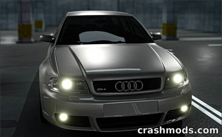 The Audi RS4 B5 2001 showcases sleek design with illuminated headlights in a realistic BeamNG.drive environment.