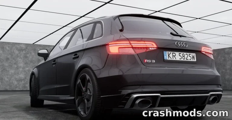 Audi RS3 8V mod for BeamNG.drive showcases a sleek black sports car with dynamic lighting and detailed design.