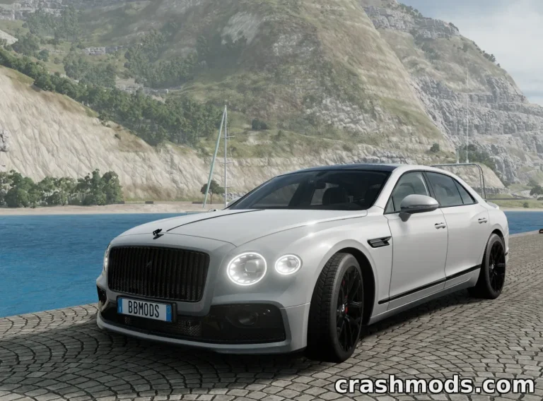 The Bentley Flying Spur 2019-24 mod showcases a sleek silver luxury sedan parked by a scenic waterfront in BeamNG.drive.