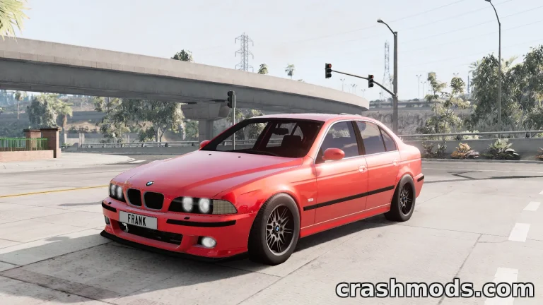 A red BMW M5 E39 parked on a city street in BeamNG.drive, showcasing its sleek design and sporty features.