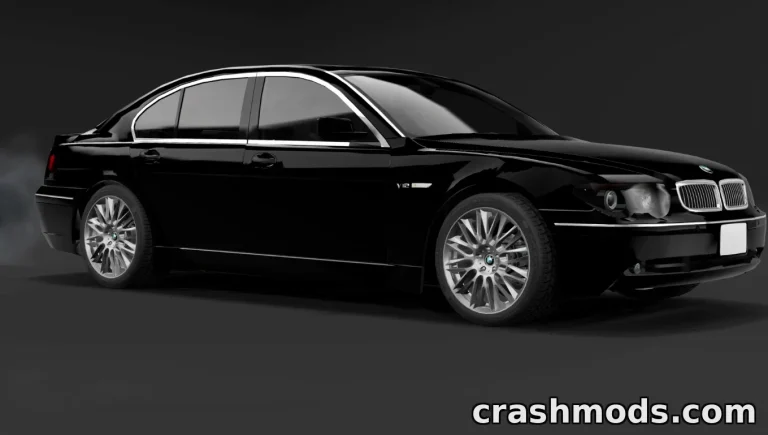 Black BMW 7-Series E65 mod for BeamNG.drive, showcasing sleek design and detailed wheels in a dynamic pose.