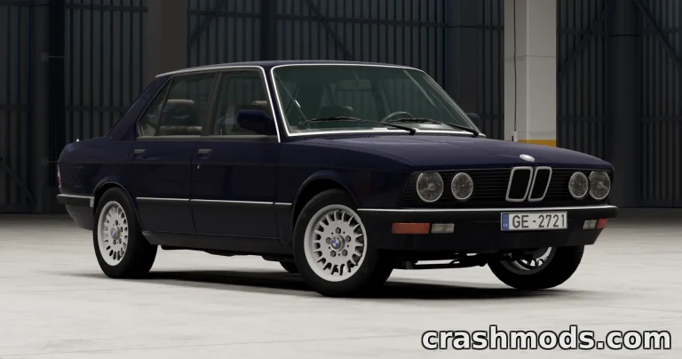 A sleek BMW E28 mod for BeamNG.drive, showcasing detailed design and realistic textures in a garage setting.