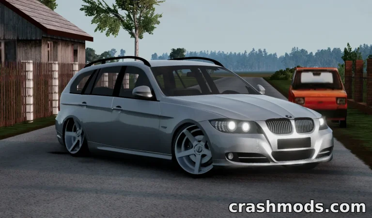 A sleek BMW E91 Touring parked on a rural road, showcasing its stylish design and lowered stance.