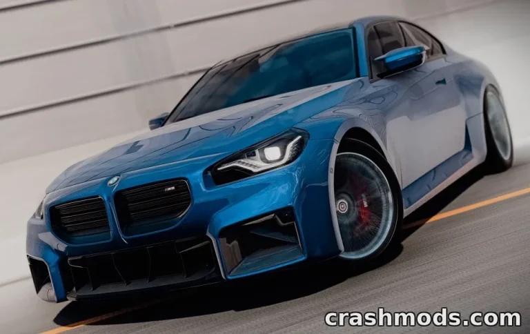 Blue BMW M2 (G87) mod for BeamNG.drive showcasing sleek design and dynamic angles on a racetrack.
