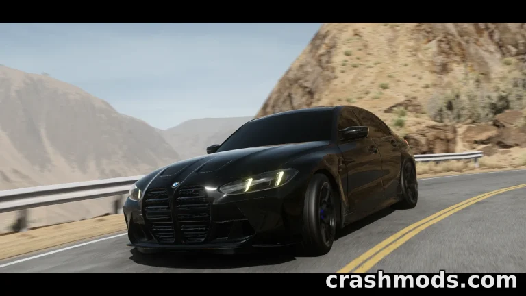 Sleek black BMW M3 G80 races along a winding mountain road in BeamNG.drive, showcasing its dynamic design.