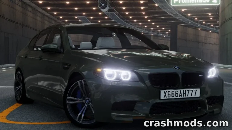 BMW M5 F10 revamp mod showcased in BeamNG.drive, featuring sleek design and dynamic lighting in a tunnel setting.