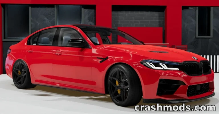 Red BMW M5 F90 mod for BeamNG.drive, showcasing sleek design and lowered stance in a modern garage setting.