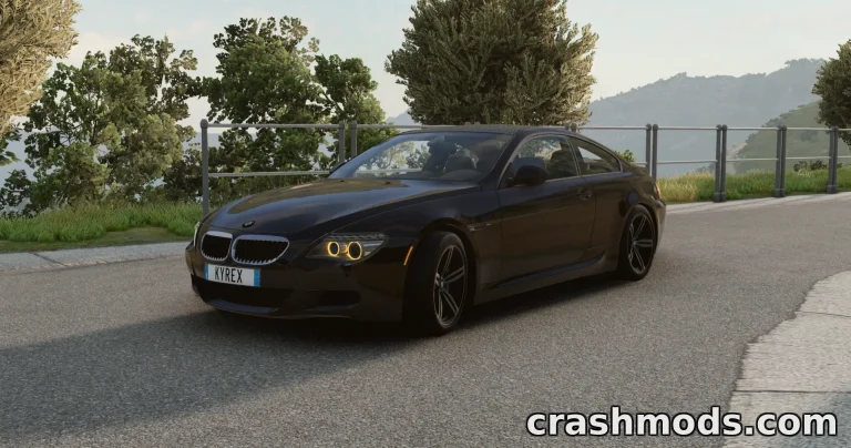 A sleek black BMW M6 E63 cruises along a scenic road in BeamNG.drive, showcasing its detailed design and performance.