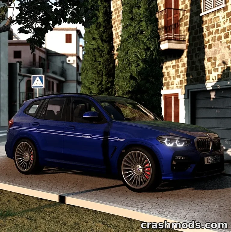 A sleek blue BMW X3 2020-2024 parked on a driveway, showcasing its detailed design and sporty wheels in BeamNG.drive.