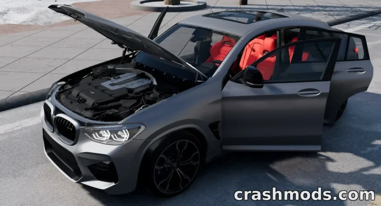 BMW X4 M Competition (F98) mod for BeamNG.drive showcases a detailed open hood and luxurious red interior.