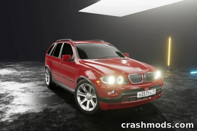 Red BMW X5 E53 showcased in a sleek, modern environment, highlighting its detailed design and realistic lighting.
