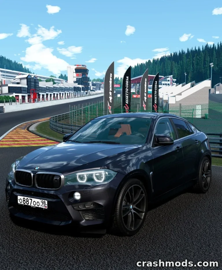 BMW X6M F86 mod showcased in BeamNG.drive, parked on a racetrack with vibrant scenery in the background.
