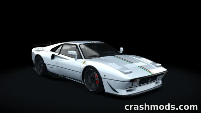 A Ferrari 288 GTO Hellspec mod showcases a sleek white sports car with racing details against a dark backdrop.