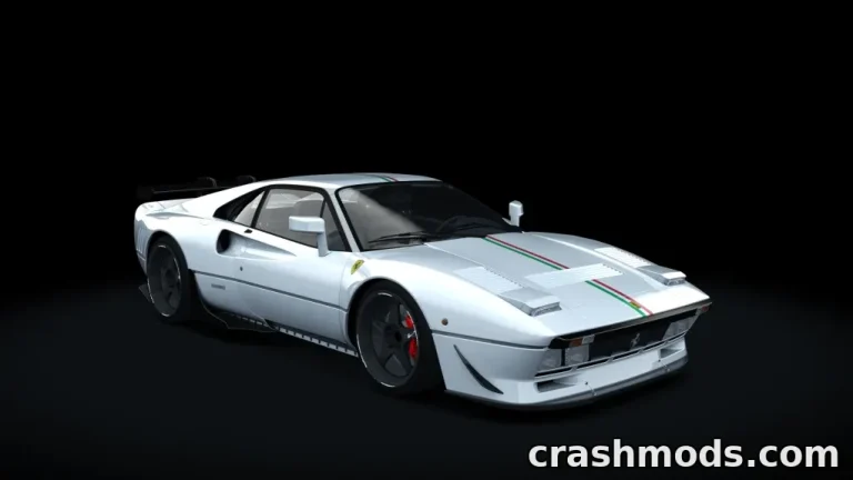 A Ferrari 288 GTO Hellspec mod showcases a sleek white sports car with racing details against a dark backdrop.