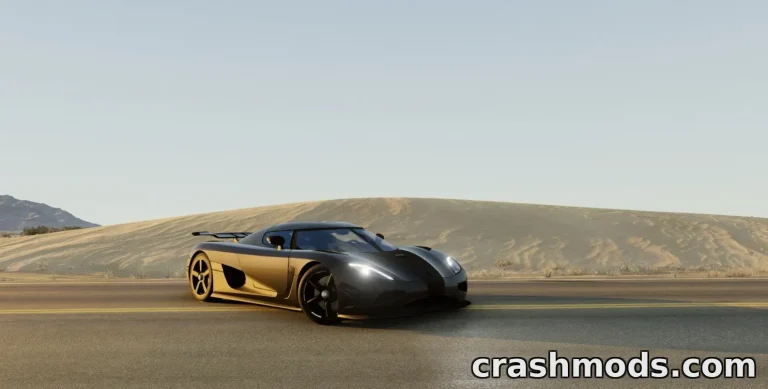 Koenigsegg Agera R showcased in BeamNG.drive, featuring sleek design and dynamic racing stance on a desert road.