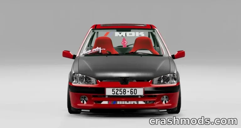 Peugeot 106 GTI mod for BeamNG.drive showcasing a sleek red and black design with sporty interior details.