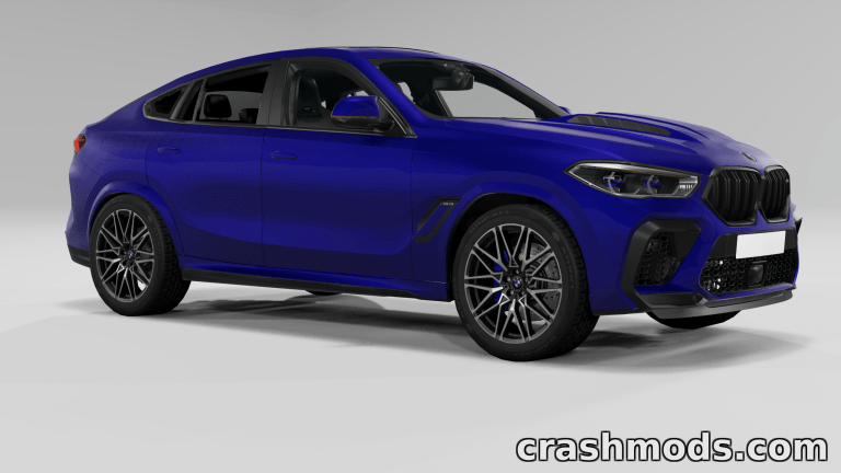 A sleek blue BMW X6M 2021 model showcased in a 3D rendering for BeamNG.drive modding.