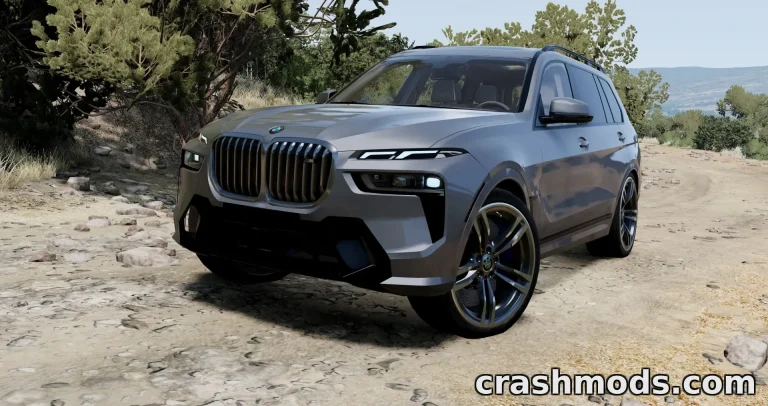 The BMW X7 M60i Rework showcases a sleek SUV parked on a rocky dirt path, surrounded by greenery.