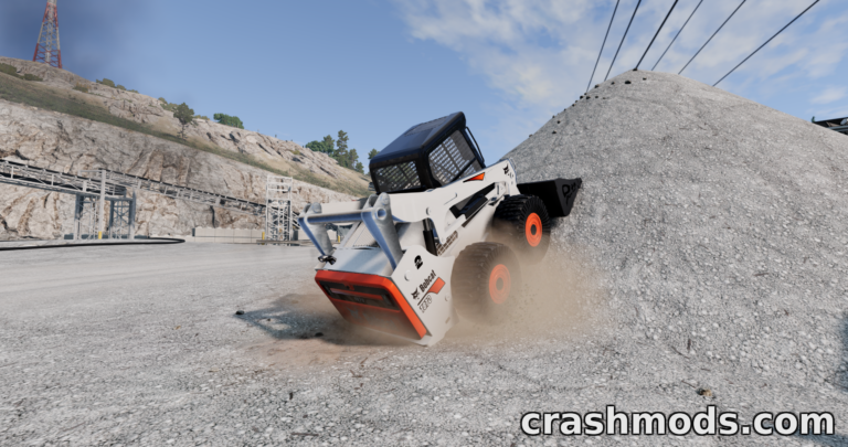 Bobcat T870 Compact Track Loader climbs a gravel mound, showcasing its powerful performance in BeamNG.drive.