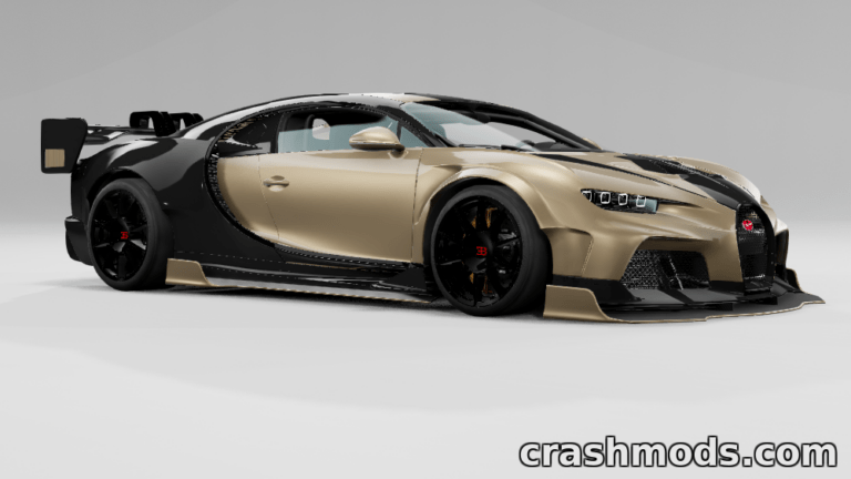 Sleek Bugatti Chiron Revorked mod for BeamNG.drive, showcasing a striking gold and black design with aerodynamic features.