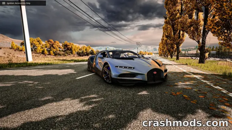 A sleek Bugatti Tourbillon (2024) parked on a scenic road, surrounded by autumn foliage and dramatic skies.
