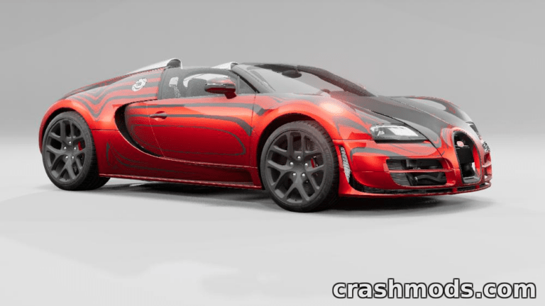 A sleek red Bugatti Veyron with black accents showcased in a dynamic angle for BeamNG.drive modding.