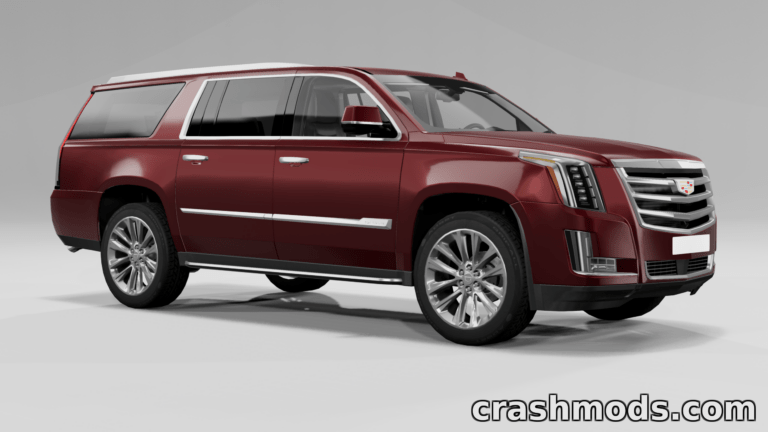 2015 Cadillac Escalade mod for BeamNG.drive showcasing a sleek red SUV with detailed design and polished wheels.