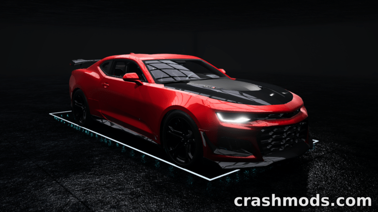 A sleek red Chevrolet Camaro ZL1 with a black hood showcased in a dark, reflective environment for BeamNG.drive modding.
