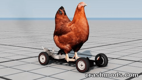 A giant chicken stands atop a small go-kart in the "Chicken Car" mod for BeamNG.drive, ready to race.
