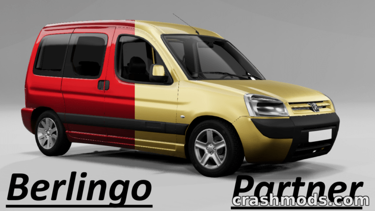 A Citroën Berlingo mod showcases a two-tone red and gold design, highlighting its unique styling in BeamNG.drive.