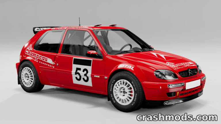 Red Citroën Saxo VTS MK1 race car with number 53, featuring detailed sponsor logos and a sporty design for BeamNG.drive.