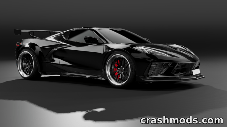 Sleek black Chevrolet Corvette C8 mod for BeamNG.drive, showcasing detailed design and aggressive styling.