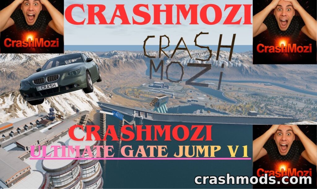 A car soars through the air in BeamNG.drive, showcasing the "CrashMozi Extreme Gate Jump" mod. Excitement fills the scene.