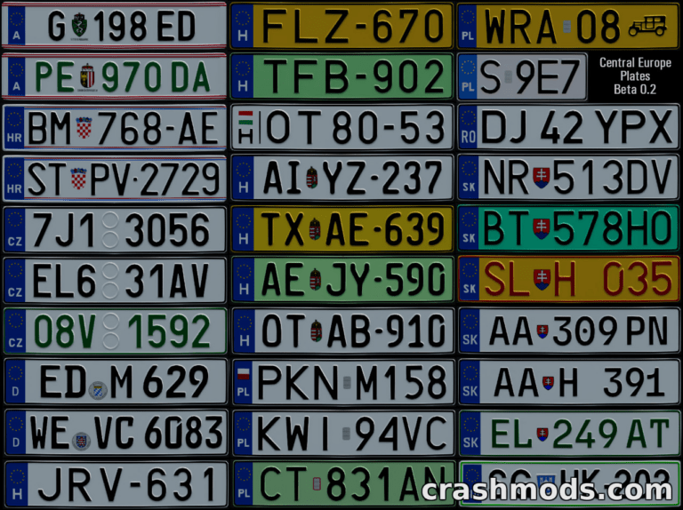 A collection of European license plates displayed in a grid, showcasing various designs and formats for BeamNG.drive.