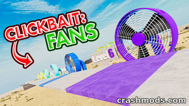 Colorful fans line a desert track in "Survival Fans Extreme," challenging players to navigate obstacles.