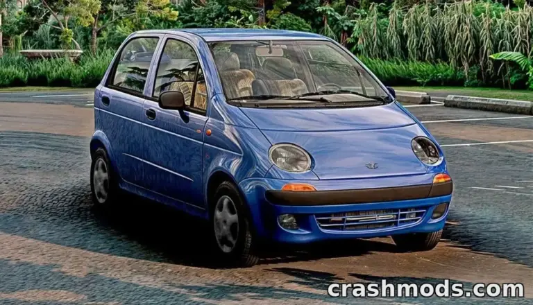 Blue Daewoo Matiz M100 parked on a scenic road, showcasing its compact design and detailed interior.