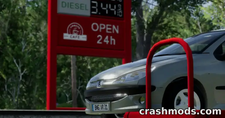A 2000-2012 Peugeot 206 parked near a gas station sign displaying diesel prices in BeamNG.drive.