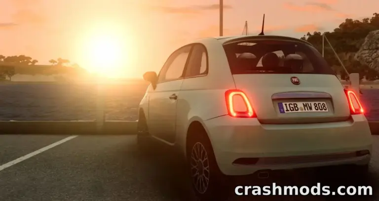 Fiat 500 parked by the waterfront at sunset, showcasing the mod's detailed graphics in BeamNG.drive.