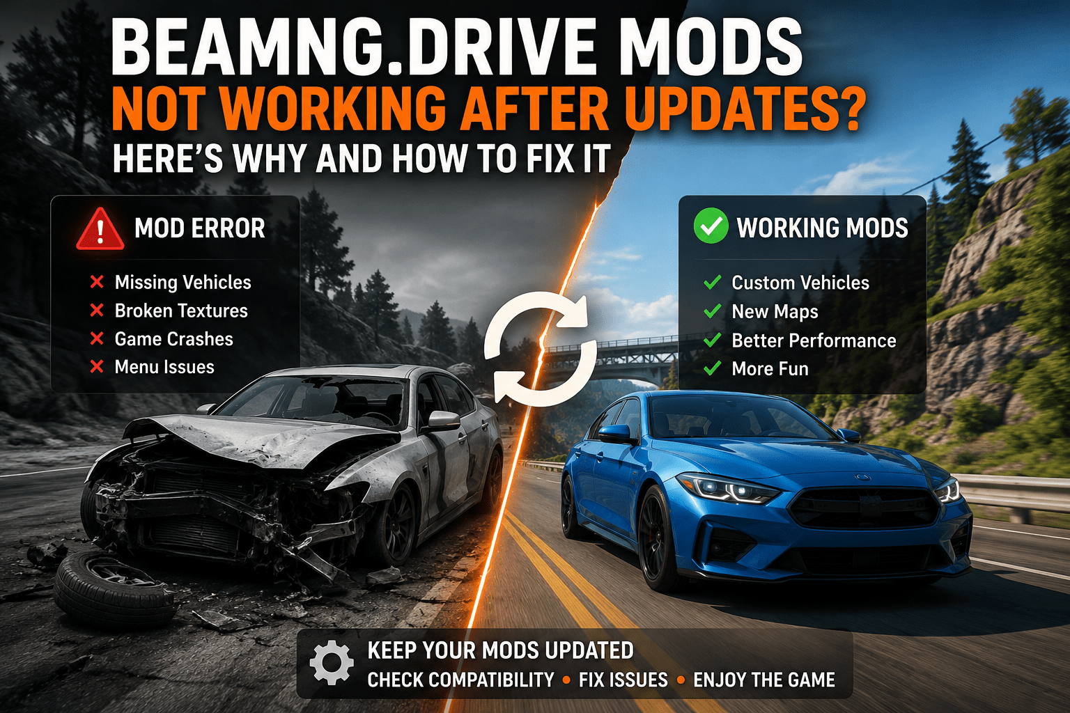 Side-by-side comparison of BeamNG.drive mod issues, highlighting error messages and working mods for better gameplay.