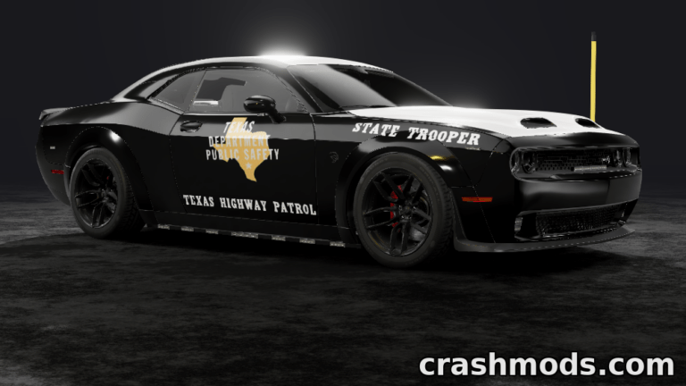 Black Dodge Challenger 2015-2022 modded as a Texas Highway Patrol vehicle, showcasing police graphics and sleek design.